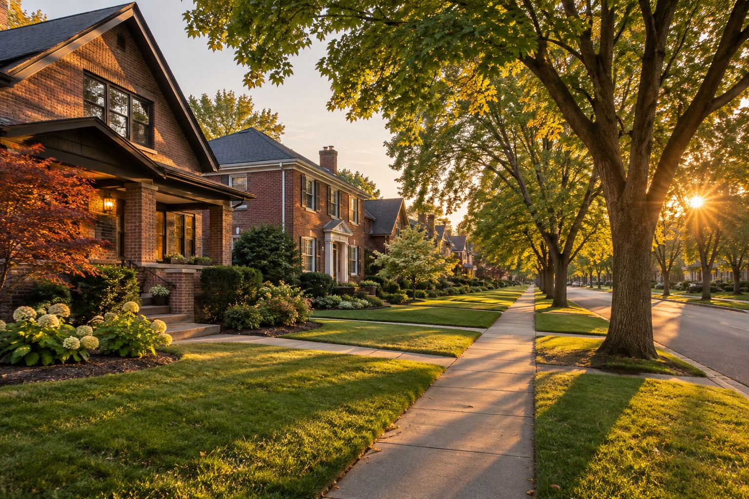 A quiet tree lined Royal Oak street of brick homes, illustrative