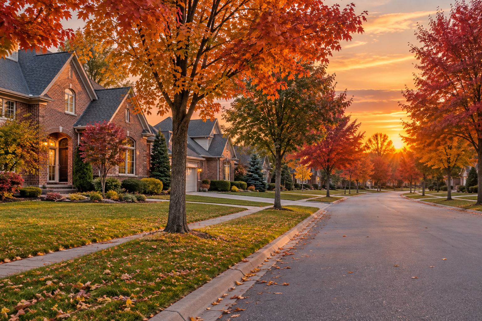 A Michigan suburban street at sunset, illustrative
