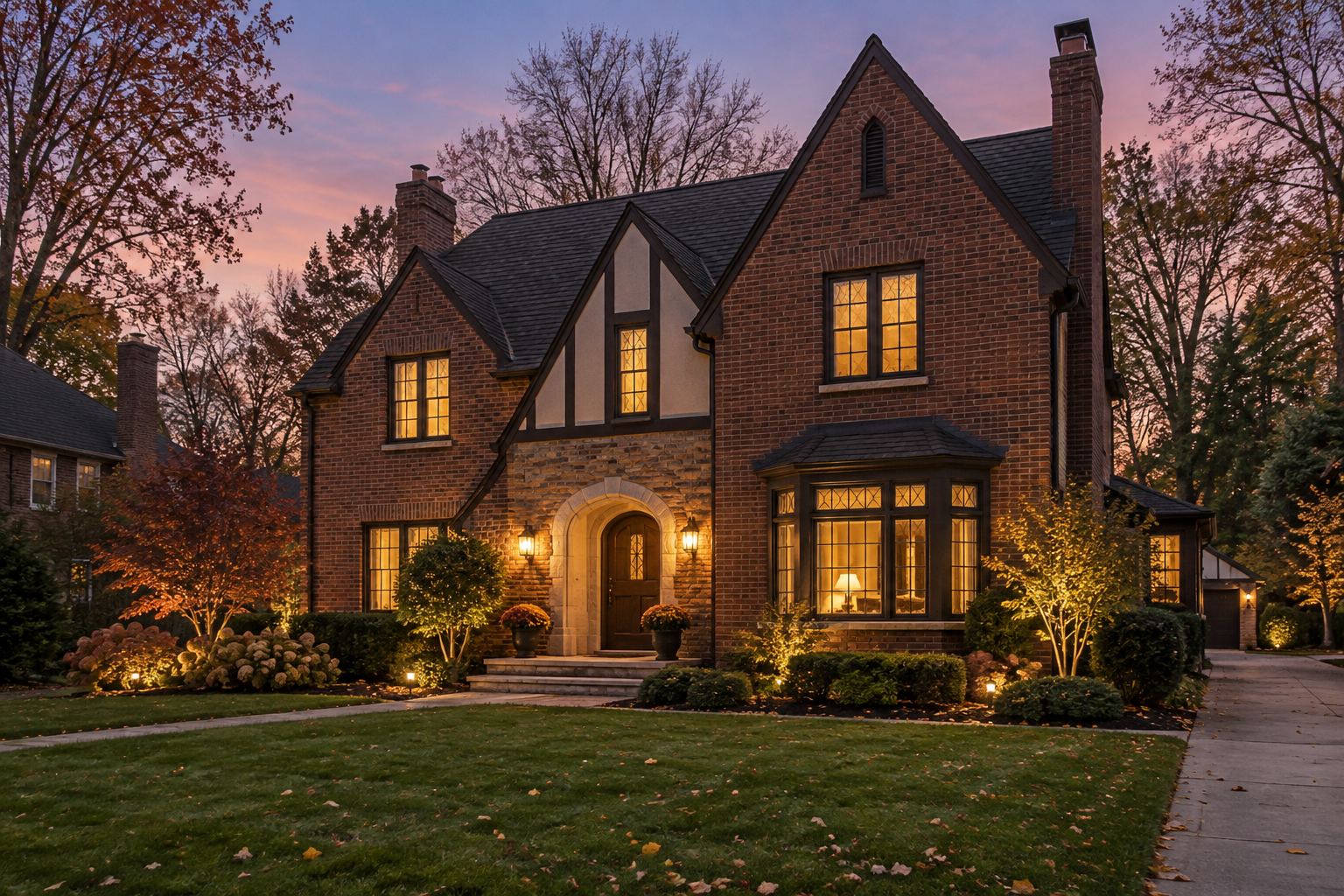 A brick Tudor home at dusk, illustrative