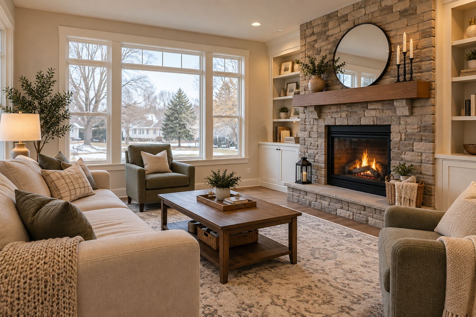 A cozy Michigan living room, illustrative